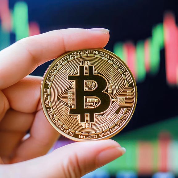 Crypto news. Image of charts and Bitcoin.