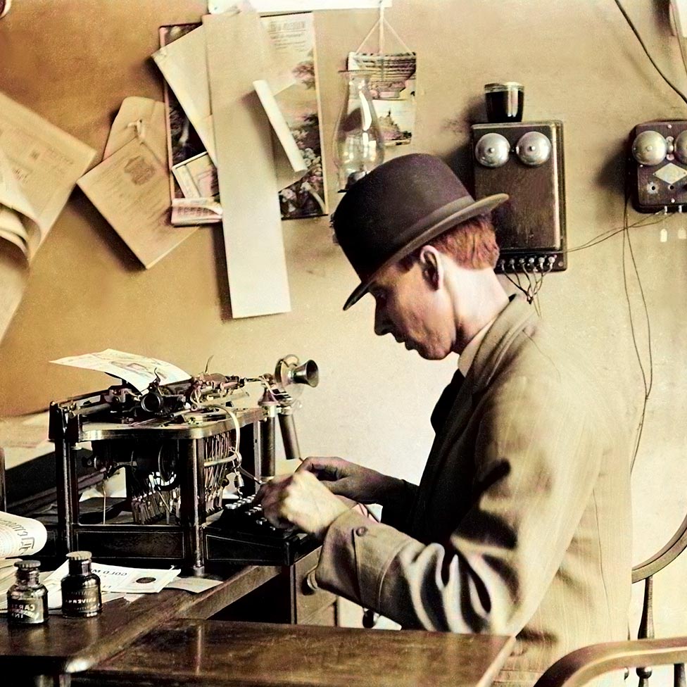 Man on typewriter for testimonials saying good things about Chump Change.